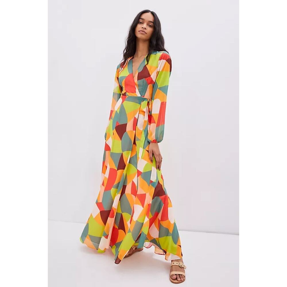 Anthropologie Hutch Lysette Wrap Maxi Dress M Geometric Print Puff Sleeve Rare